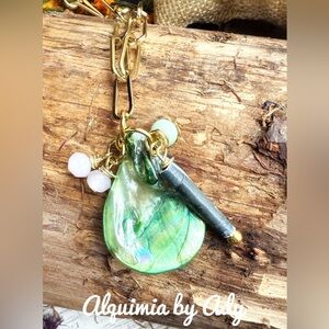 RECYCLED + Green shell and Gold Pendant Necklace + Artifact Charms CLUSTER